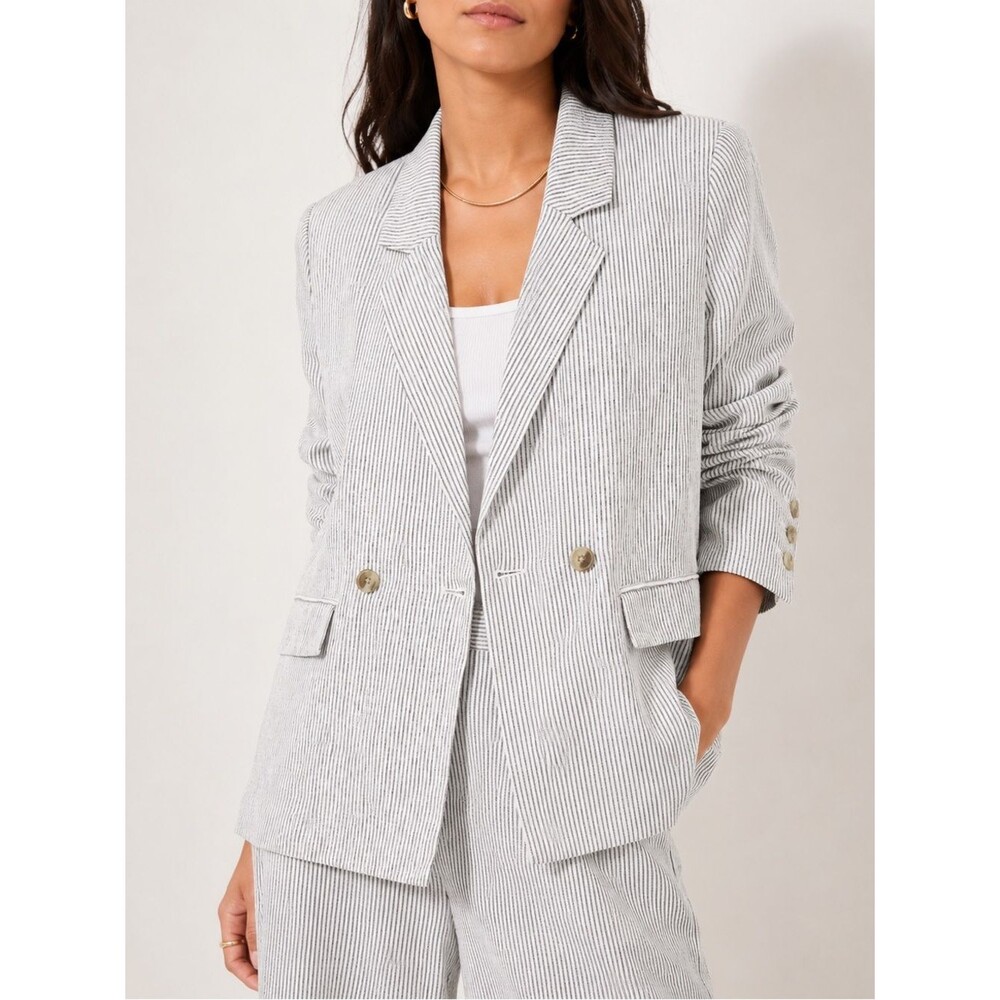 NWT Old Navy Linen Blend Gray Striped Double Breasted Blazer Jacket Size Large
